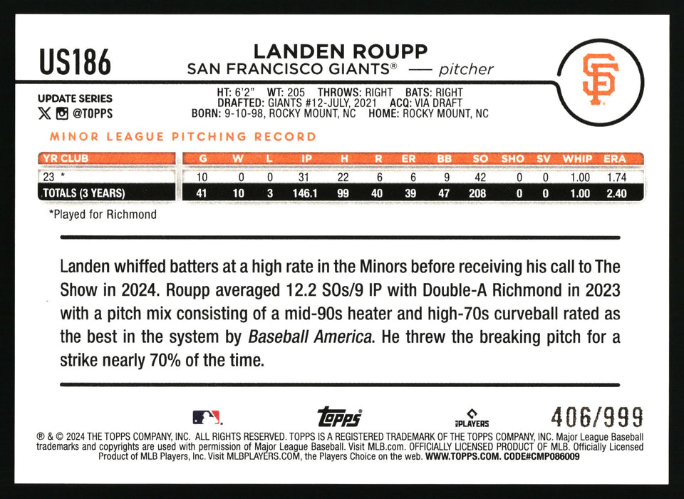2024 Topps Update #US186 Landen Roupp Blue Holofoil #/999