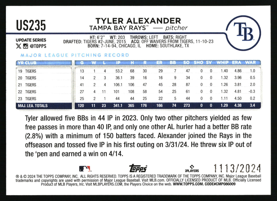 2024 Topps Update #US235 Tyler Alexander Gold #/2024