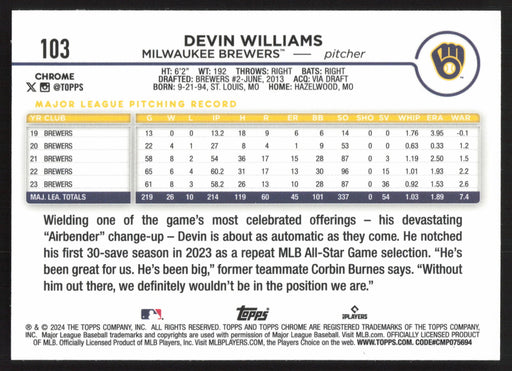 2024 Topps Chrome #103 Devin Williams Prism Refractor