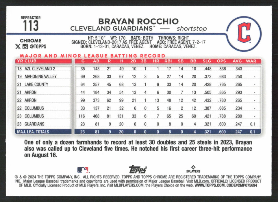 2024 Topps Chrome #113 Brayan Rocchio Refractor