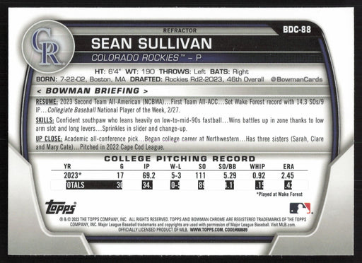 2023 Bowman Draft #BDC-88 Sean Sullivan Chrome Refractor