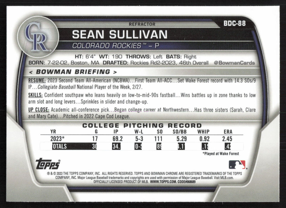 2023 Bowman Draft #BDC-88 Sean Sullivan Chrome Refractor
