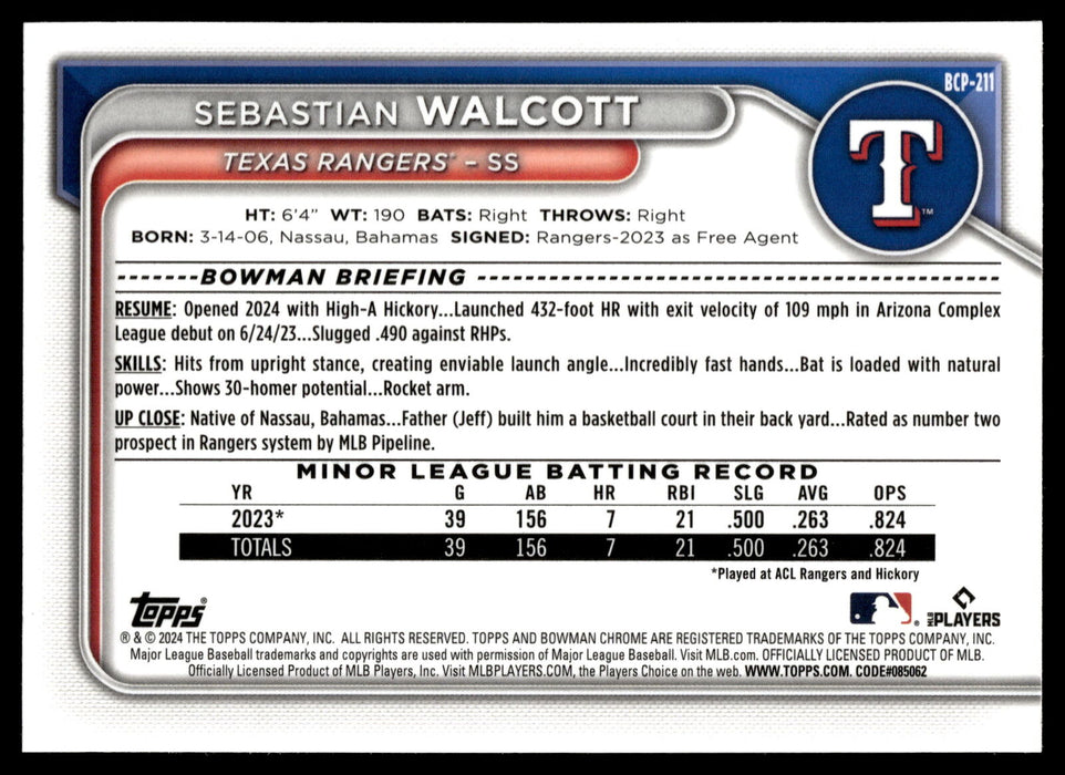 2024 Bowman Chrome #BCP-211 Sebastian Walcott Prospects
