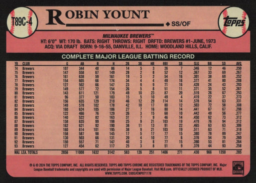 2024 Topps #T89C-4 Robin Yount 1989 Topps Baseball 35th Anniversary Chrome