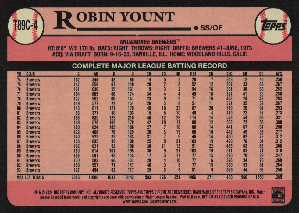 2024 Topps #T89C-4 Robin Yount 1989 Topps Baseball 35th Anniversary Chrome
