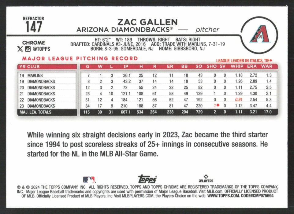 2024 Topps Chrome #147 Zac Gallen Refractor