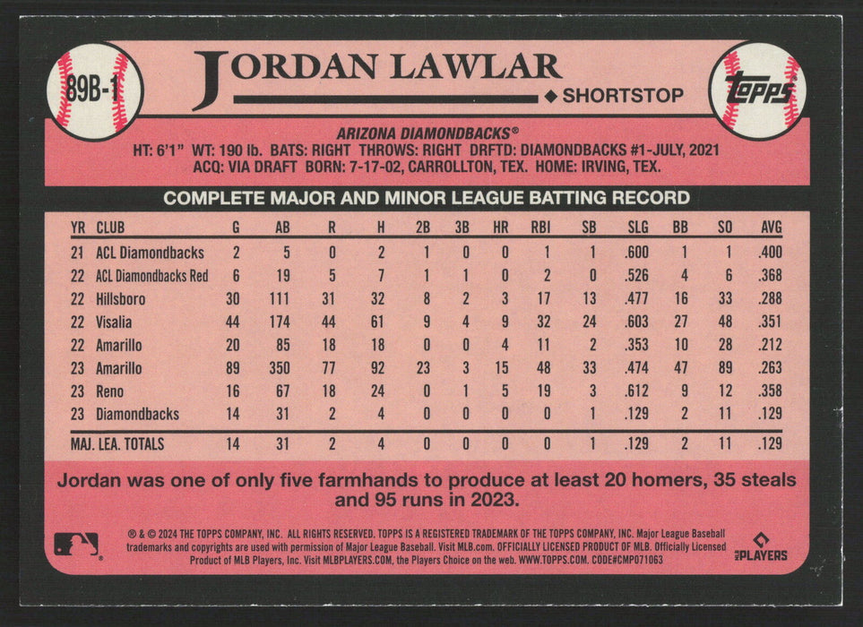 2024 Topps #89B-1 Jordan Lawlar 1989 Topps Baseball 35th Anniversary