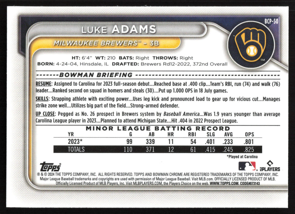 2024 Bowman #BCP-50 Luke Adams Chrome Prospects