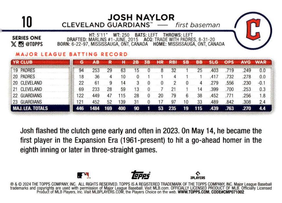 2024 Topps #10 Josh Naylor Yellow