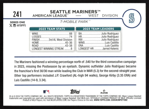 2024 Topps #241 Seattle Mariners Gold Foil
