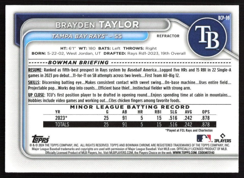 2024 Bowman #BCP-99 Brayden Taylor Chrome Prospects Refractors #/499