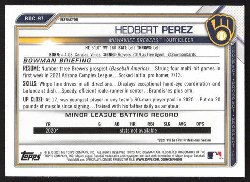 2021 Bowman Draft #BDC-97 Hedbert Perez Chrome Refractor