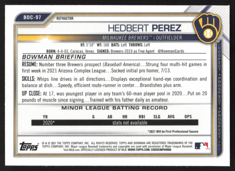 2021 Bowman Draft #BDC-97 Hedbert Perez Chrome Refractor