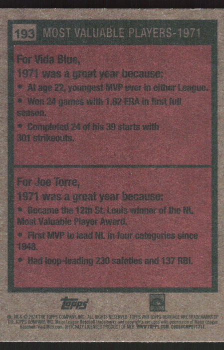 2024 Topps Heritage #193 1971 MVPs (Vida Blue / Joe Torre)