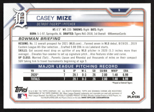 2021 Bowman Chrome #9 Casey Mize