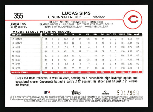 2024 Topps #355 Lucas Sims Blue Holofoil #/999