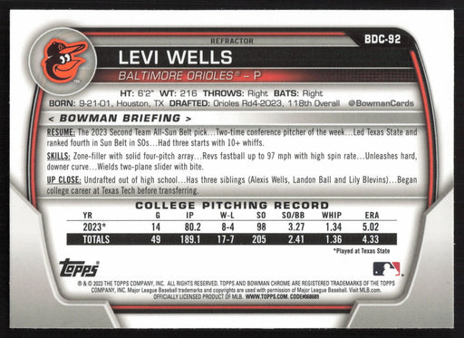 2023 Bowman Draft #BDC-92 Levi Wells Chrome Refractor