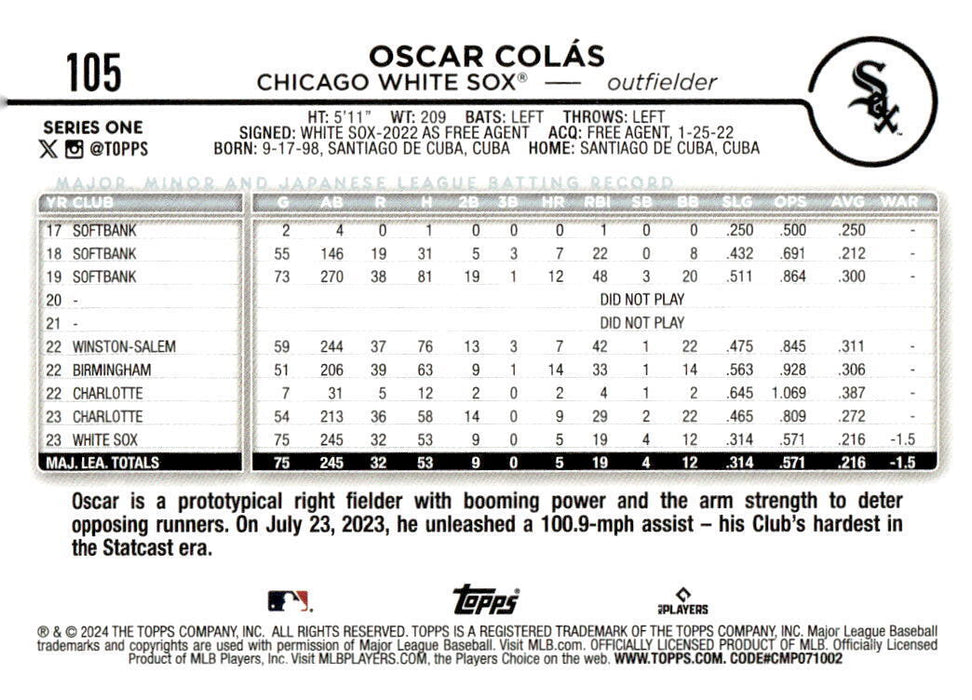 2024 Topps #105 Oscar Colás Yellow