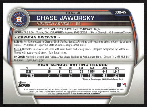 2023 Bowman Draft #BDC-45 Chase Jaworsky Chrome Refractor
