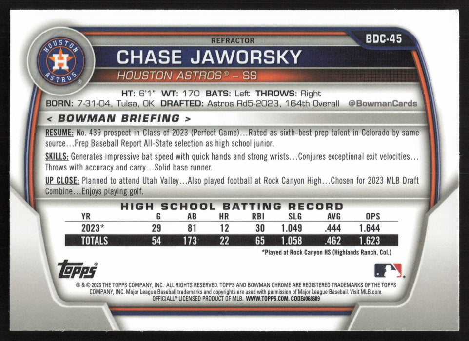 2023 Bowman Draft #BDC-45 Chase Jaworsky Chrome Refractor