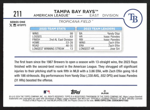 2024 Topps #211 Tampa Bay Rays Royal Blue