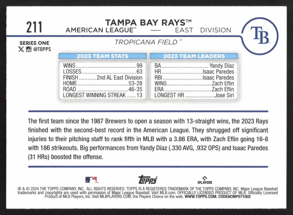 2024 Topps #211 Tampa Bay Rays Royal Blue