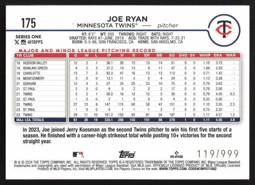 2024 Topps #175 Joe Ryan Blue Holofoil #/999