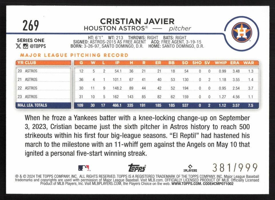 2024 Topps #269 Cristian Javier Blue Holofoil #/999