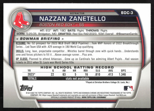 2023 Bowman Draft #BDC-3 Nazzan Zanetello Chrome Refractor