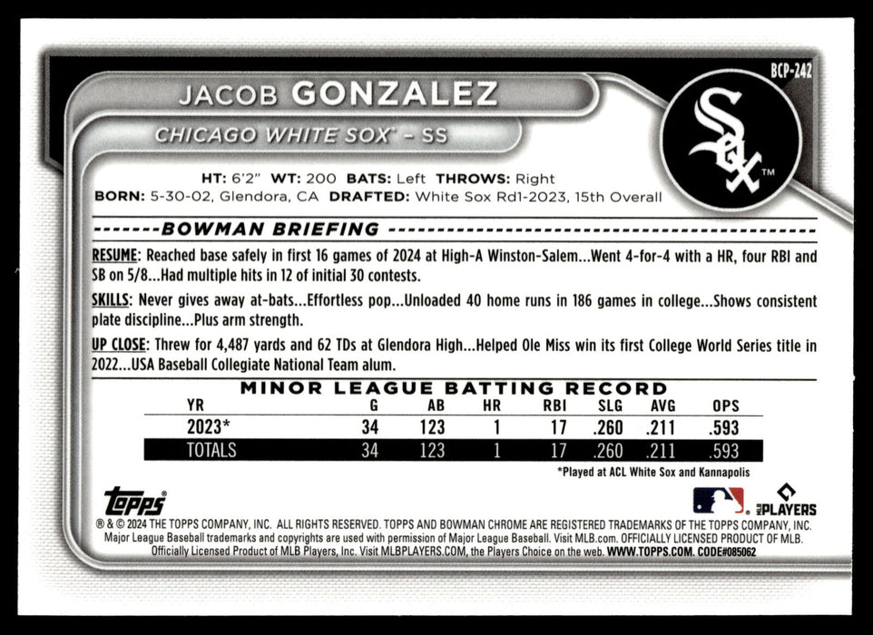 2024 Bowman Chrome #BCP-242 Jacob Gonzalez Prospects