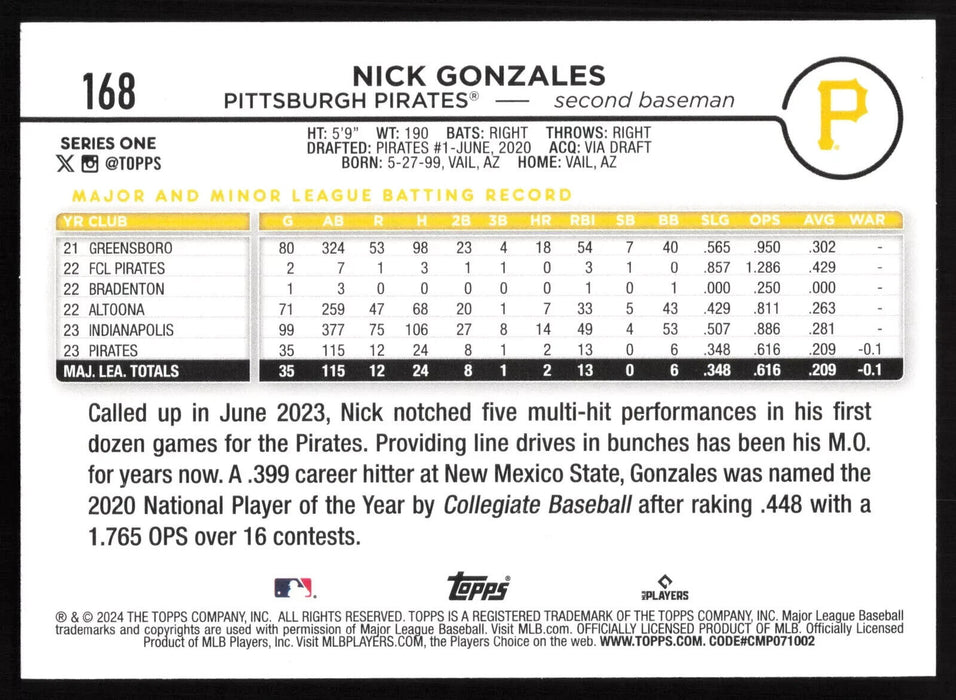 2024 Topps #168 Nick Gonzales - 5 Card Player Lot - Rookie Card