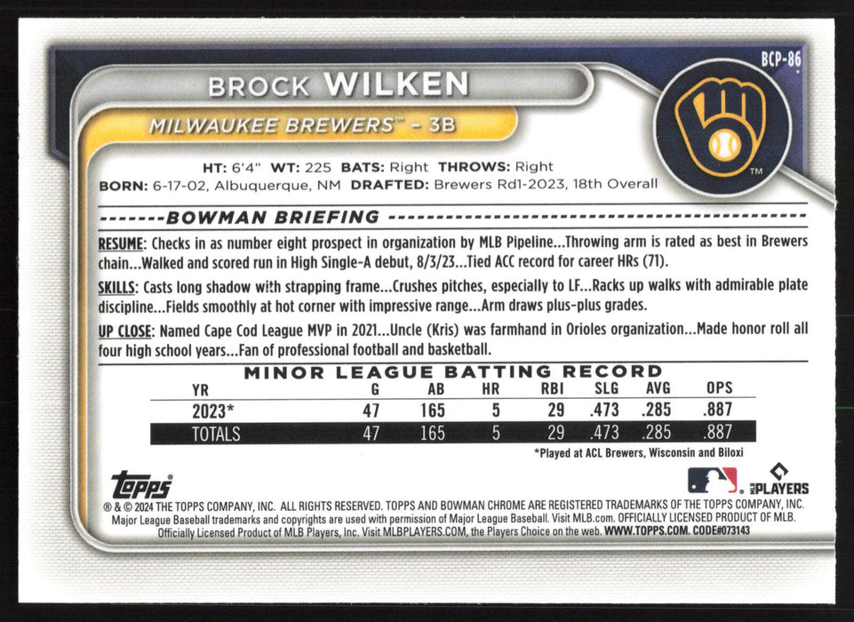 2024 Bowman #BCP-86 Brock Wilken Chrome Prospects