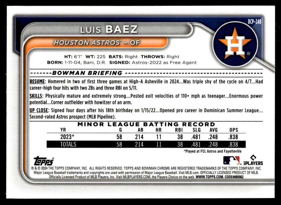 2024 Bowman Chrome #BCP-248 Luis Baez Prospects