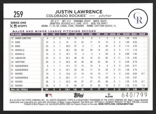 2024 Topps #259 Justin Lawrence Purple Holofoil #/799