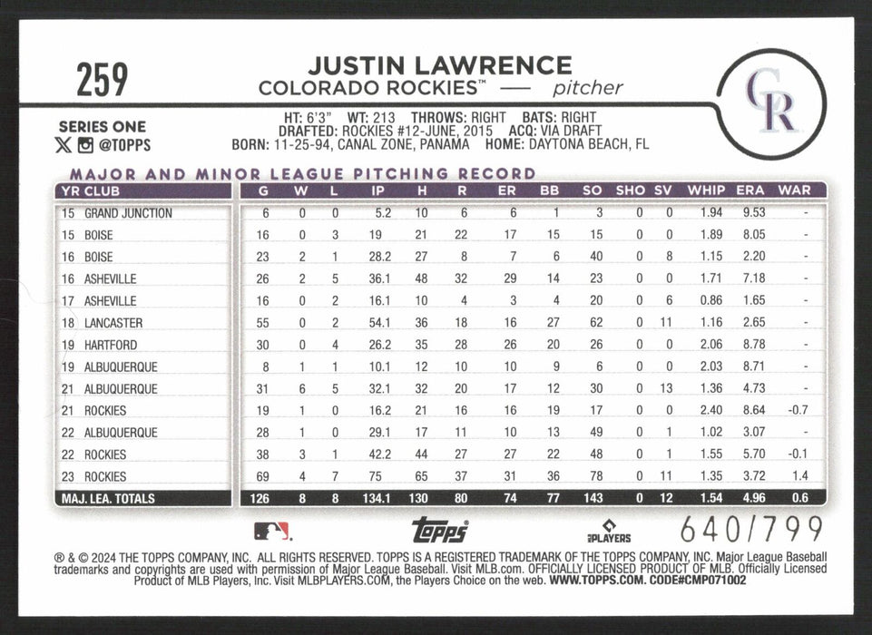 2024 Topps #259 Justin Lawrence Purple Holofoil #/799
