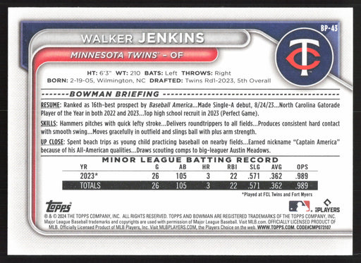 2024 Bowman #BP-43 Walker Jenkins Prospects