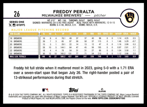 2024 Topps #26 Freddy Peralta Rainbow Foil