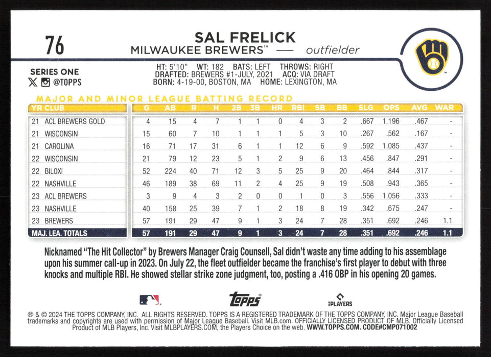 2024 Topps #76 Sal Frelick - 5 Card Player Lot - Rookie Card