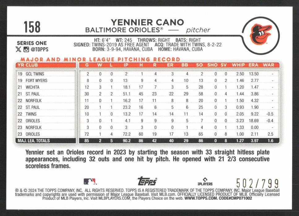 2024 Topps #158 Yennier Cano Purple Holofoil #/799