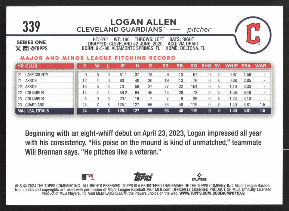 2024 Topps #339 Logan Allen Royal Blue
