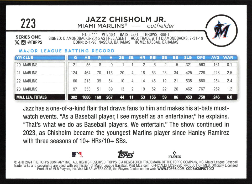 2024 Topps #223 Jazz Chisholm Jr.