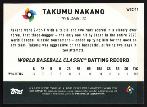 2023 Topps Japan Edition #WBC-11 Takumu Nakano WBC Japanese National Team