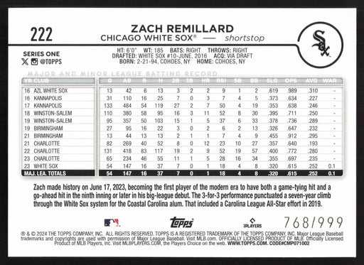2024 Topps #222 Zach Remillard Blue Holofoil #/999