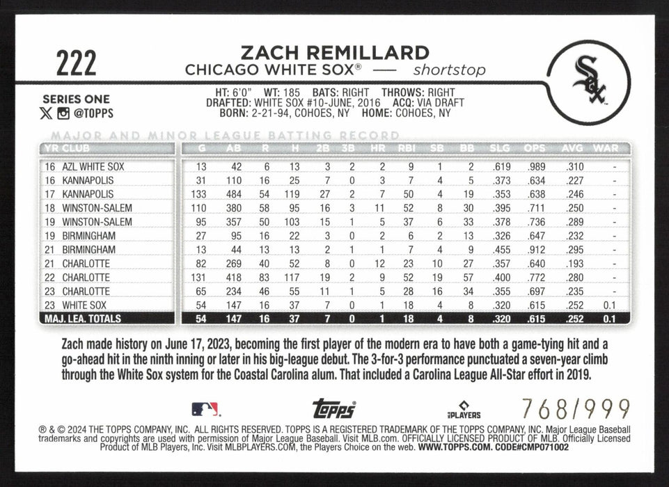 2024 Topps #222 Zach Remillard Blue Holofoil #/999