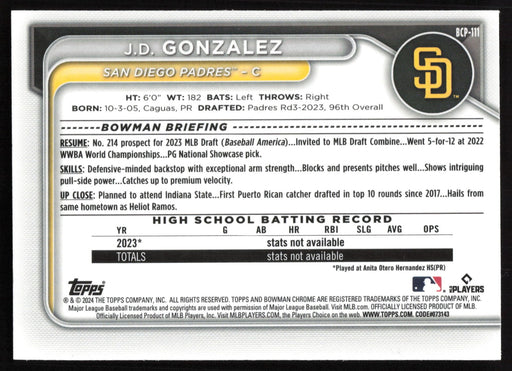 2024 Bowman #BCP-111 J.D. Gonzalez Chrome Prospects Lunar Glow Refractors