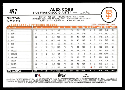 2024 Topps #497 Alex Cobb Rainbow Foil