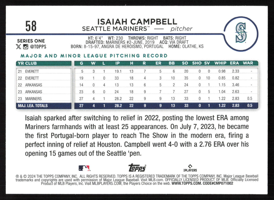 2024 Topps #58 Isaiah Campbell - 10 Card Player Lot - Rookie Card