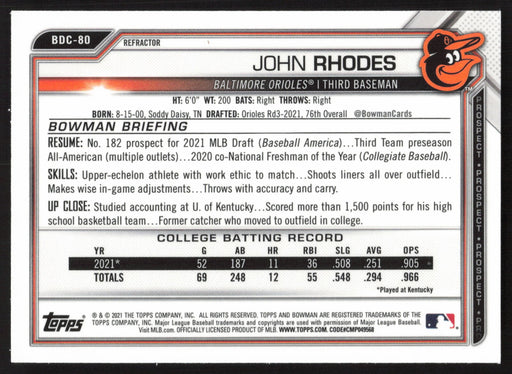 2021 Bowman Draft #BDC-80 John Rhodes Chrome Refractor