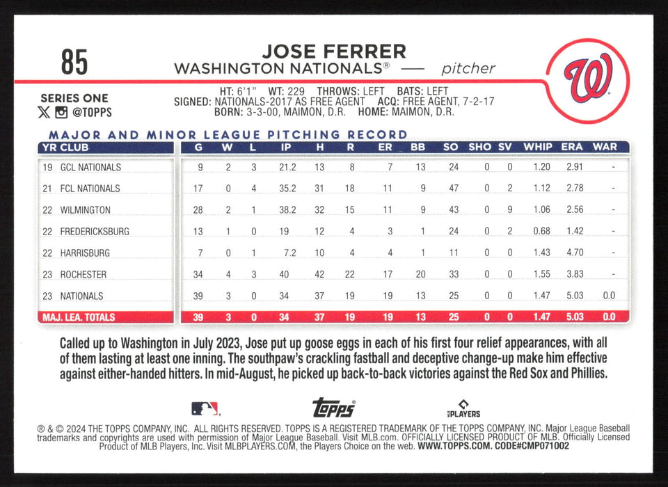 2024 Topps #85 Jose Ferrer - 5 Card Player Lot - Rookie Card