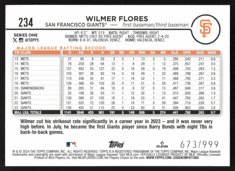 2024 Topps #234 Wilmer Flores Purple Holofoil #/799